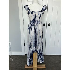 AVIYA Tie-Dye Blue and White Dress, Smocked Bodice, Flounce Sleeves, size M.